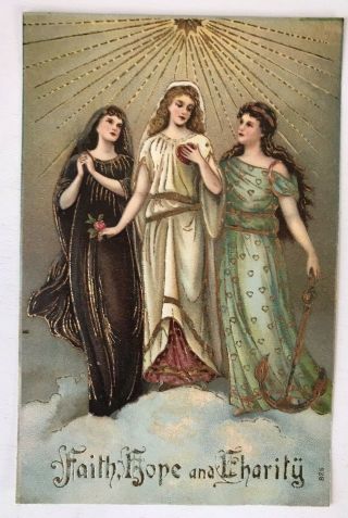 Trio Of Faith Hope Charity Angels Gold Embossed - Postcard - M93