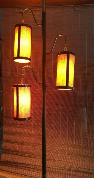 Vintage Mid Century Danish Modern Wood Shades Tension Pole Light 3 Way 2