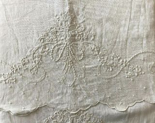 Vtg Hand Embroidered Tablecloth Ecru Off White Floral Linen 65x50”