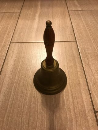 Antique Solid Brass School Bell Hand Held Wood Handle Bell Vintage 1.  5lbs