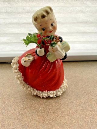 Vintage Napco Christmas Girl W Holly & Presents Spaghetti Figurine