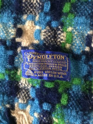 Pendleton Virgin Wool Throw Blanket Blue Green Ivory Plain Vintage Fringe Chunky