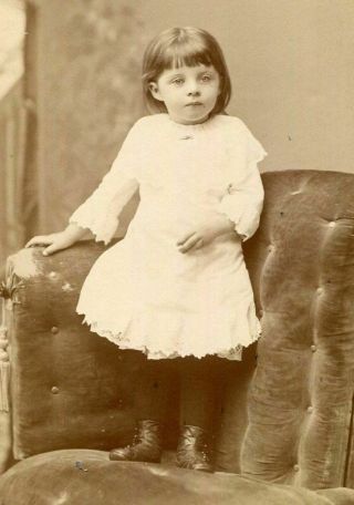 Antique Cabinet Photo Sweet Little Girl Standing On Velvet Chair Lovely Back