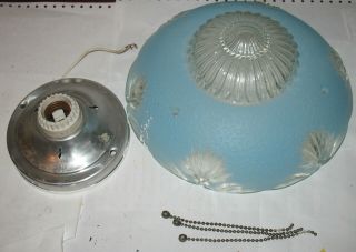 Vintage Art Deco Blue Frosted & Clear Glass Drop Chain Ceiling Light Fixture