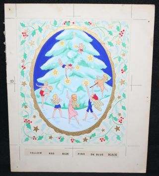 Angels Decorating Tree In Snow Christmas Greeting Card Painted Art S.  E.