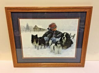 Boy With Dogs Winter Barn Framed Print By Nostalgic Picture Framing 22 X 18