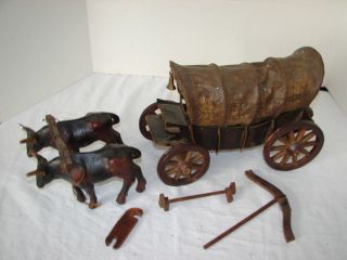 Vintage Western Folk Art Cowboy Covered Conestoga Wagon Oxen Team Decor Display