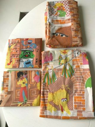 Sesame Street Vintage Twin Bed Sheet Set Flat & Fitted & (2) Pillowcase Muppets