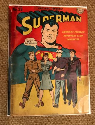 Superman 29 0.  5 Wwii Us Armed Services Cvr Heavy Amateur Restoration 1944