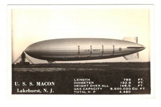 Real Photo Post Card Uss Macon Zrs - 5 Navy Airship Lakehurst Nj Blimp Zeppelin