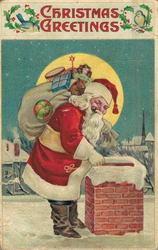 Christmas Greetings Santa Goes In The Chimney 03.  94