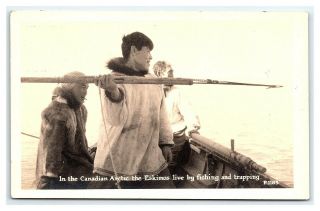 Vintage Postcard Rppc Canadian Arctic Eskimos Spear Fishing Hudson Bay Co F0
