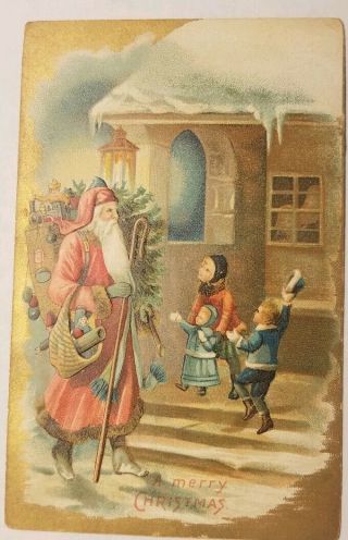 Vintage 1909 Postcard Santa Red Robe With Toys & Staff Greeting 3 Children
