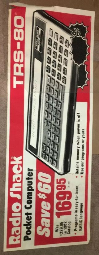 Adv.  “radio Shack - Pocket Computer Trs - 80” Sign;early ‘80’s;good;22” X 60”;color