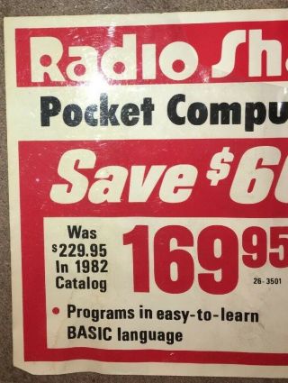 Adv.  “RADIO SHACK - Pocket Computer TRS - 80” sign;early ‘80’s;GOOD;22” x 60”;color 2