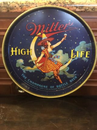 Vintage 1950s Miller High Life Beer Girl On Moon Advertising Tray Tavern Sign