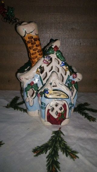 2004 Blue Sky Christmas Reindeer Lodge Ceramic House Tealight Holder