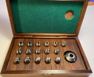 Vintage 17pc Chuck Collet Set For Lathes With 16 Collets And Fitted Wooden Case