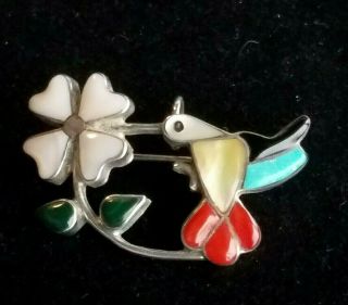 Vintage Zuni Coral Turquoise Mop Inlay Hummingbird Pendant Pin Sterling Silver