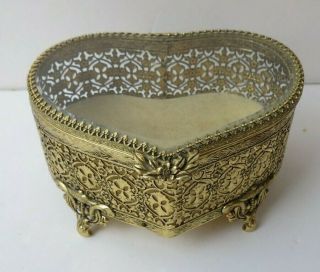 Vintage Heart Shape Gold Ormolu Floral Beveled Glass Lid Top Jewelry Casket Box