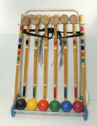 Vintage Croquet Stand Set 6,  25” Mallets 6 Wood Balls 2 Stakes 7 Wickets