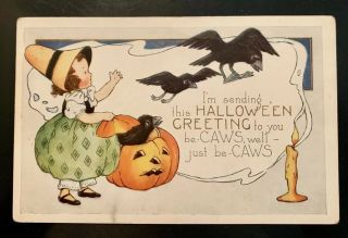 Vintage 1910 Whitney Halloween Postcard Embossed Girl Crows Unposted Blank Back