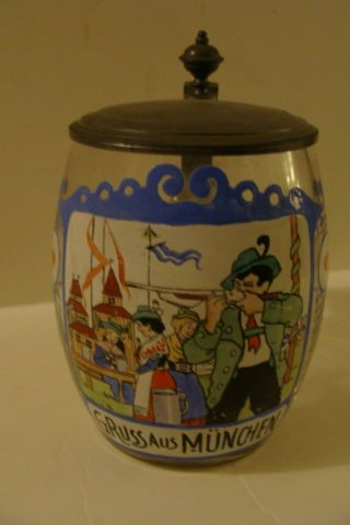 Older German Lidded Glass Beer Mug Stein Gruss Aus Munchen Handpainted 0,  5 L
