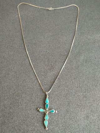 Vintage Navajo Old Pawn Turquoise Inlay Sterling Silver Cross Pendant Necklace