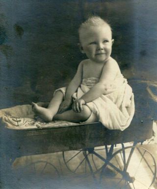 Antique Vintage Photo Barefoot Baby Sitting In Antique Wagon