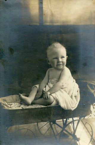ANTIQUE VINTAGE PHOTO BAREFOOT BABY sitting in ANTIQUE WAGON 2