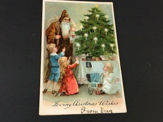 Old Christmas Brown Coat Santa Kids Tree Presents Antique 1900s German Postcard