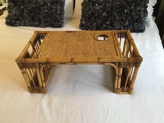 Vtg Wicker Bamboo Tray Newspaper Holder Breakfast In Bed Rattan Serving Tray
