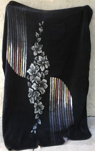 Vtg San Marcos Blanket 77” X 96” Black Floral Stripe Reversible Flowers Colorful
