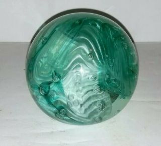 Vtg 2004 Msh Paperweight Aqua Cream Swirl Hand Blown Art Glass Mount Saint Helen