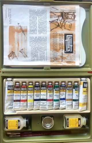 Vtg Acrylic Painting Artist Set Case Box Palette Color Paint Tubes Mediums Brush