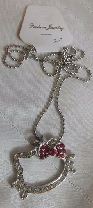 Necklace Hello Kitty Jewelry Pink Rhinestone Bow Tie Large Face Silver 26 "