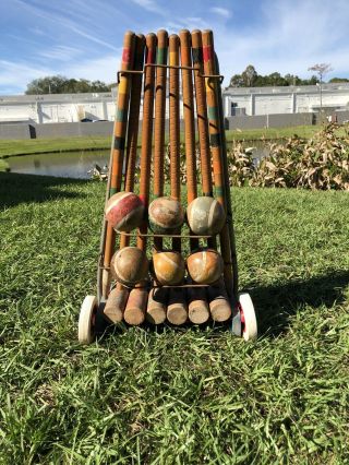 Vintage 6 Player Wooden Croquet Set With Wheel Cart