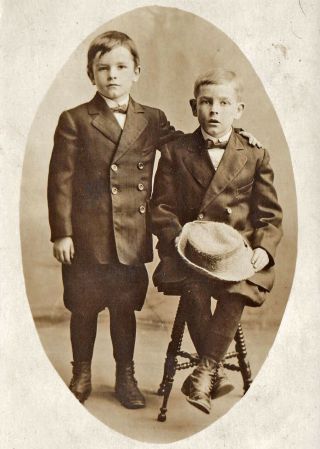 Young Brothers In Sharp Suits W/ Big Worn Hat - Early 1900s Photo - Rppc