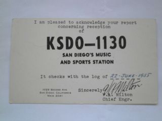 Qsl Card From Radio Station Ksdo San Diego California 1955