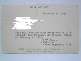 Qsl Card From Radio Station Kgil San Fernando California 1955