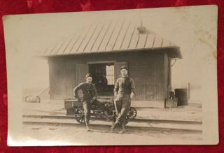 Vintage Rppc Early 1900’s Railroad Motorized Repair Cart With 2 Workers Posing