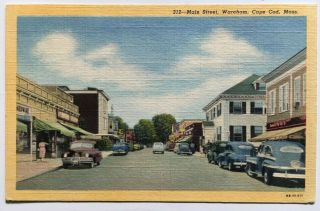 Ma Postcard Wareham Cape Cod Massachusetts Main Street Stores Vintage Cars Linen