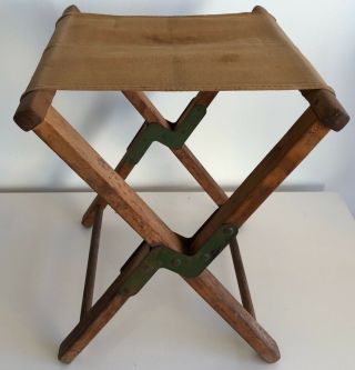 Vintage Folding Camp Stool - Wood Canvas - Luggage Stand Rustic Table Safari Chic