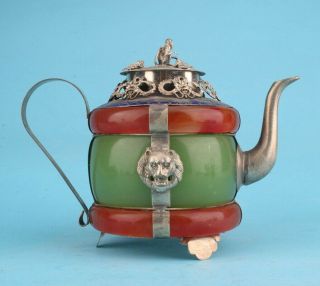 China Tibetan Silver Jade Hand - Carved Dragon Lion Teapot High - End Old Gift