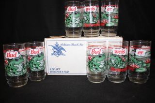 1995 Nos Indiana Glass Budweiser Frogs Bud - Weis - Er Frog 16 Oz Glasses Set Of 8