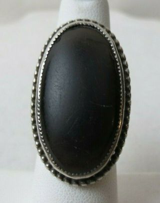Vintage Hand Wrought Sterling Silver Large Black Onyx Oval Stone Ring Sz 6.  75