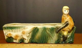 Vintage Hunter And Hunting Dog In The Reeds Ceramic Planter 11x3x3
