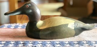Vintage Carved Wood Duck Decoy Glass Eyes Bottom Engraved 1983 Canvasback Drake