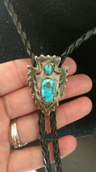 Vintage Native American Sterling Silver Navajo Arrowhead Turquoise Stamped Bolo
