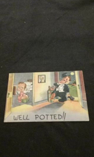 Well Potted Vintage Cartoon Postcard Of Little Baby Pooping On A Pot